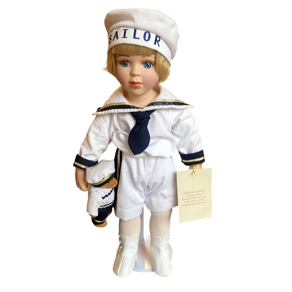 Camelot Rare Collectible Porcelain Hand Painted Sailor Doll with Bear with Stand
